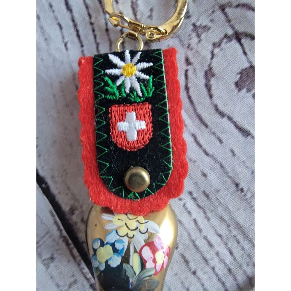 Zermatt Switzerland Brass Cow Bell Alpine Flowers Embroidered Strap Key Chain